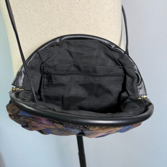 70s-80s Look Clamshell Velvet Purse Long Strap, Geometric Colorful Pattern 2/$50 - Picture 8 of 14